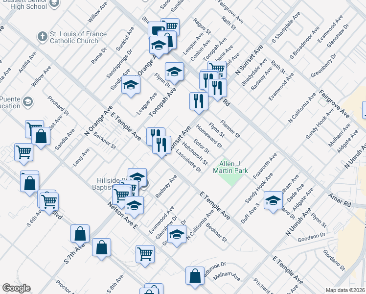 map of restaurants, bars, coffee shops, grocery stores, and more near 14612 Hutchcroft Street in La Puente