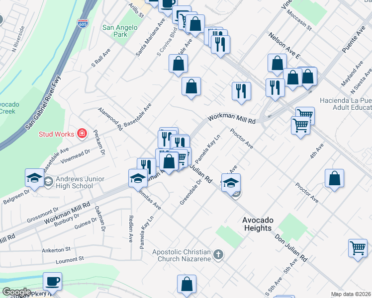 map of restaurants, bars, coffee shops, grocery stores, and more near 440 Workman Mill Road in La Puente