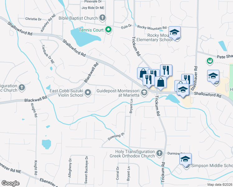map of restaurants, bars, coffee shops, grocery stores, and more near 2180 Wenlok Trail in Marietta