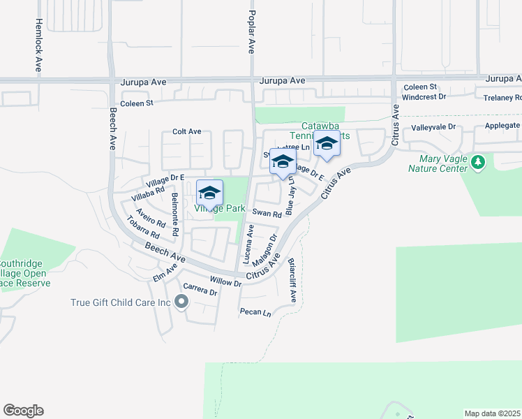map of restaurants, bars, coffee shops, grocery stores, and more near 15742 San Roque Road in Fontana