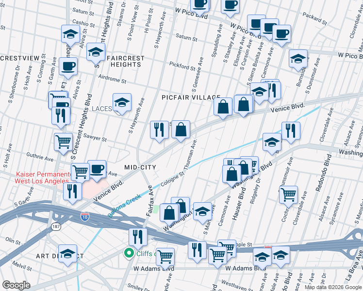 map of restaurants, bars, coffee shops, grocery stores, and more near 5812 Venice Boulevard in Los Angeles