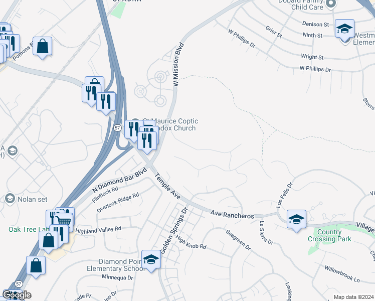 map of restaurants, bars, coffee shops, grocery stores, and more near 8 Rancho Laguna Drive in Pomona