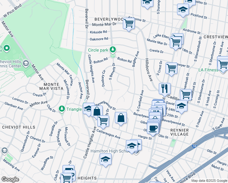 map of restaurants, bars, coffee shops, grocery stores, and more near 2400 South Beverly Drive in Los Angeles