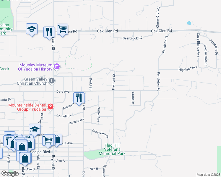 map of restaurants, bars, coffee shops, grocery stores, and more near 35688 Date Avenue in Yucaipa