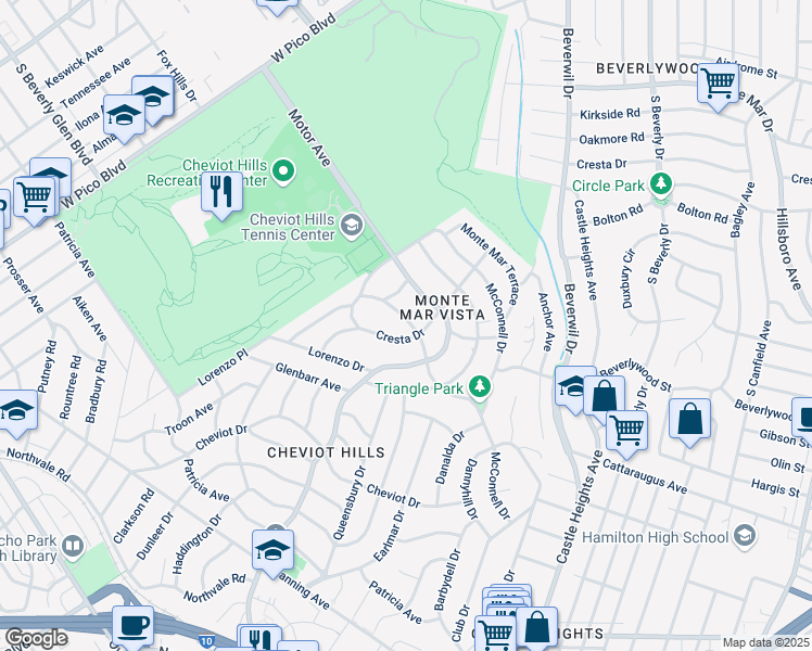 map of restaurants, bars, coffee shops, grocery stores, and more near 10262 Cresta Drive in Los Angeles