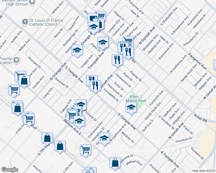 map of restaurants, bars, coffee shops, grocery stores, and more near 14612 Hutchcroft Street in La Puente