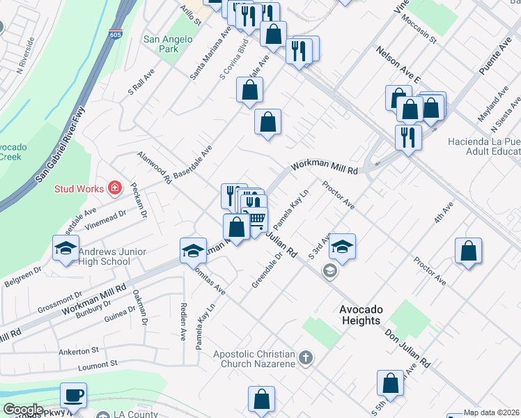 map of restaurants, bars, coffee shops, grocery stores, and more near 506 Workman Mill Road in La Puente