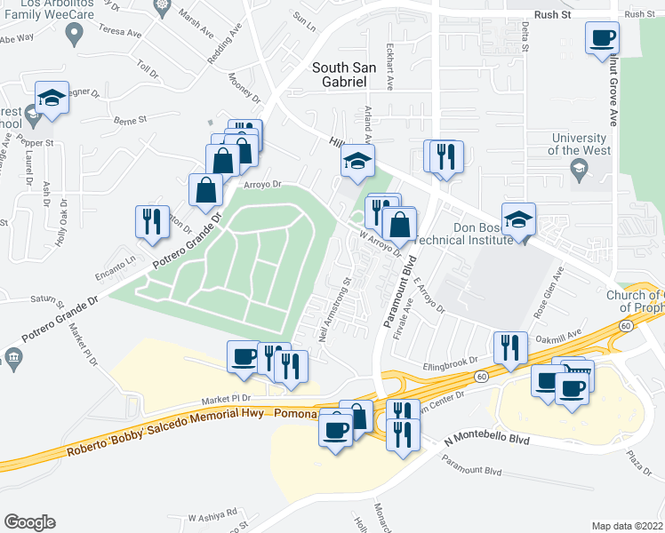 map of restaurants, bars, coffee shops, grocery stores, and more near 1721 Neil Armstrong Street in Montebello