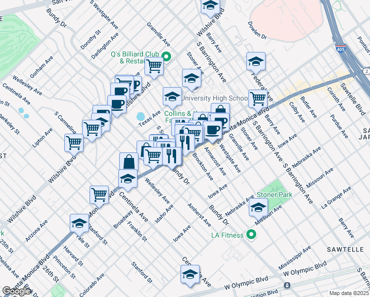 map of restaurants, bars, coffee shops, grocery stores, and more near 12003 California 2 in Los Angeles