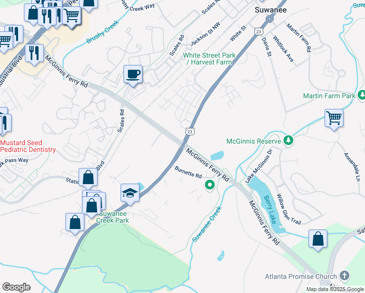 map of restaurants, bars, coffee shops, grocery stores, and more near Buford Hwy NW & McGinnis Ferry Rd in Suwanee