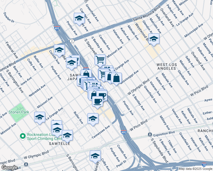 map of restaurants, bars, coffee shops, grocery stores, and more near 2036 Cotner Avenue in Los Angeles