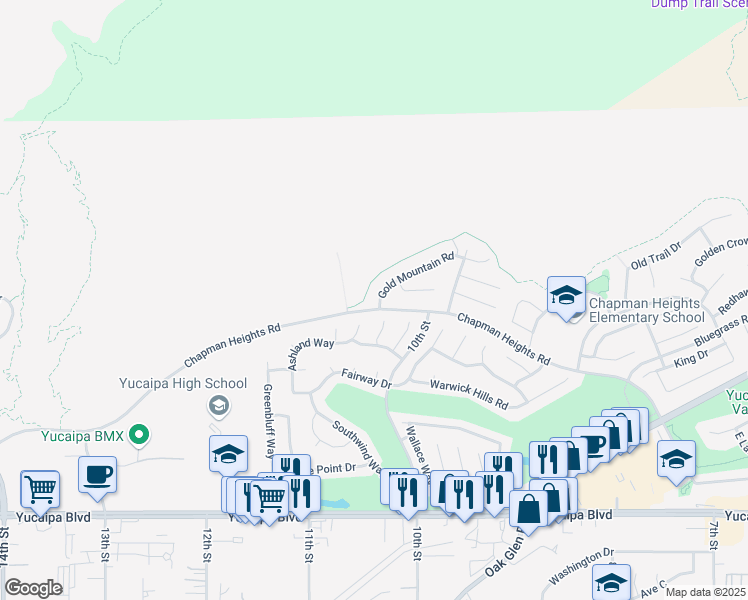 map of restaurants, bars, coffee shops, grocery stores, and more near 33228 Gold Mountain Road in Yucaipa