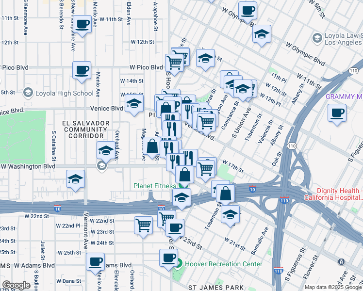 map of restaurants, bars, coffee shops, grocery stores, and more near 1800 South Bonnie Brae Street in Los Angeles