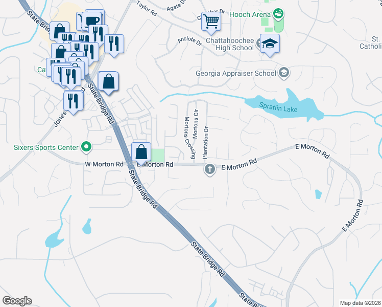 map of restaurants, bars, coffee shops, grocery stores, and more near 10650 Mortons Crossing in Alpharetta