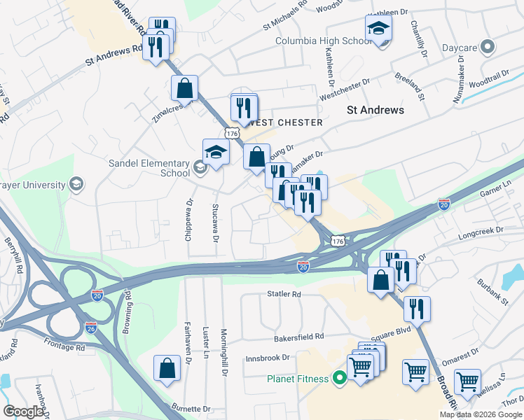 map of restaurants, bars, coffee shops, grocery stores, and more near 222 Old Manor Road in Columbia