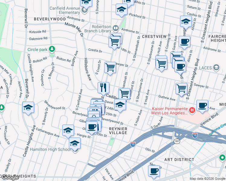 map of restaurants, bars, coffee shops, grocery stores, and more near 2015 Preuss Road in Los Angeles