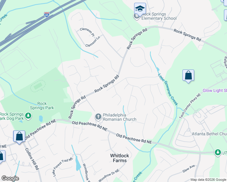 map of restaurants, bars, coffee shops, grocery stores, and more near 699 Springrock Hill Court Northeast in Lawrenceville