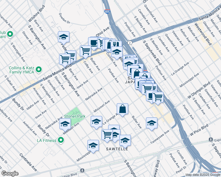 map of restaurants, bars, coffee shops, grocery stores, and more near 1830 Colby Avenue in Los Angeles