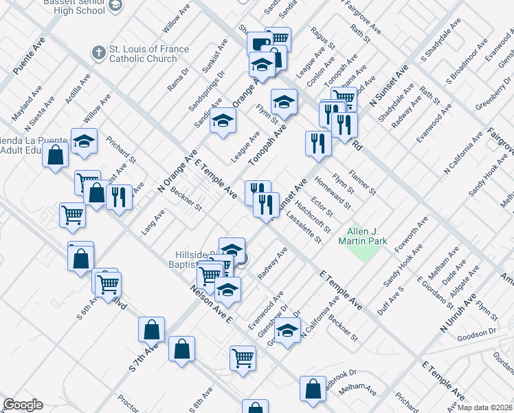 map of restaurants, bars, coffee shops, grocery stores, and more near 14535 Temple Avenue in La Puente