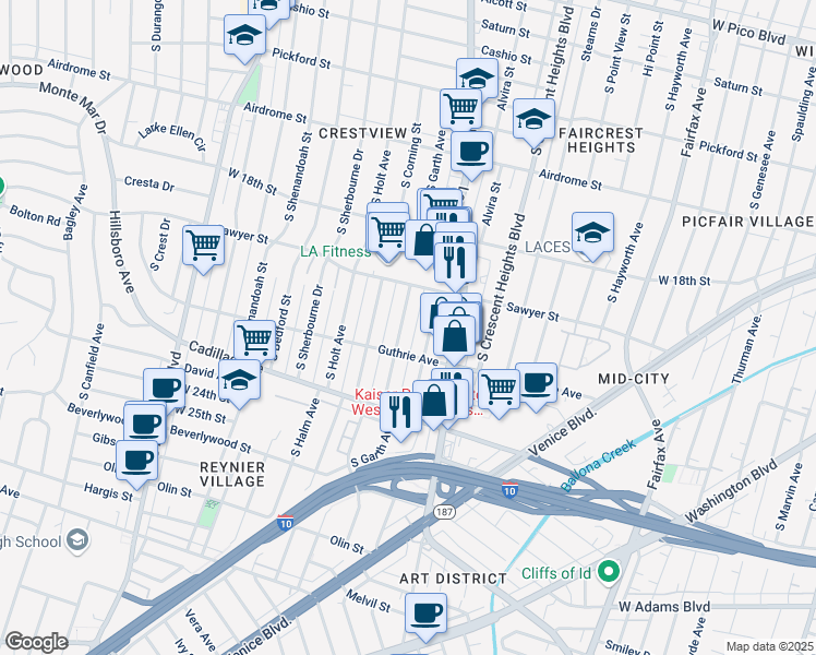 map of restaurants, bars, coffee shops, grocery stores, and more near 1952 South Garth Avenue in Los Angeles