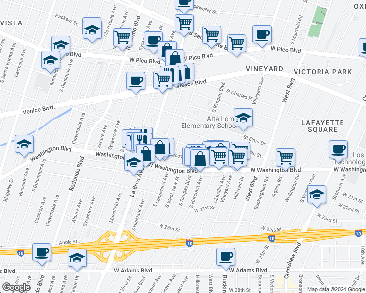 map of restaurants, bars, coffee shops, grocery stores, and more near in Los Angeles