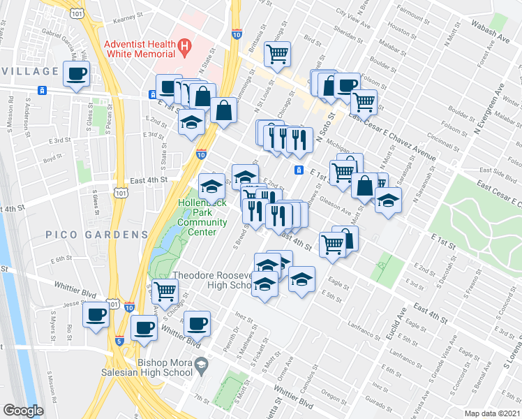 map of restaurants, bars, coffee shops, grocery stores, and more near in Los Angeles
