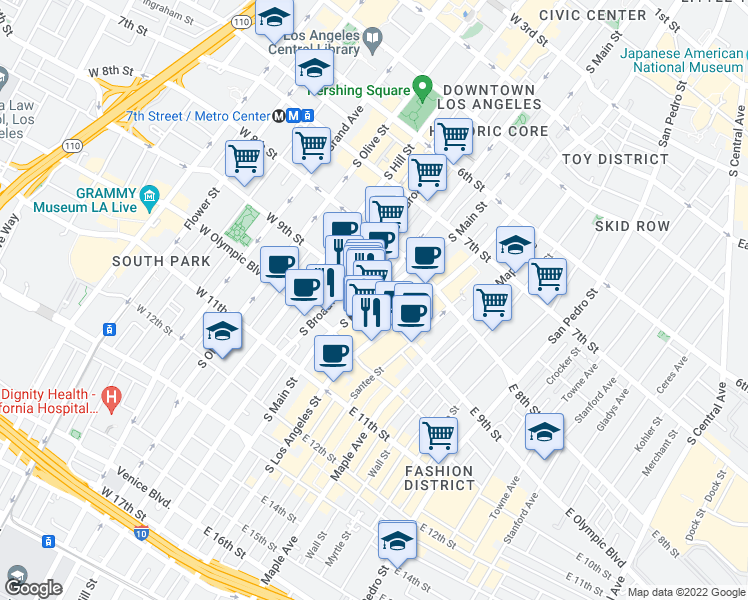 map of restaurants, bars, coffee shops, grocery stores, and more near 2 West 9th Street in Los Angeles