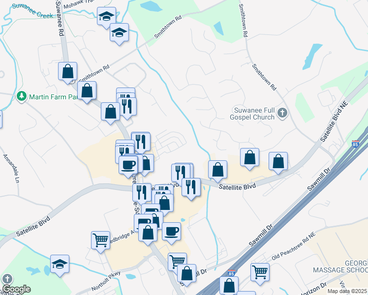 map of restaurants, bars, coffee shops, grocery stores, and more near 159 Privet Circle in Suwanee