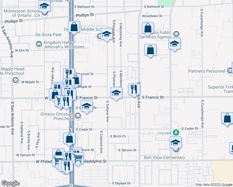 map of restaurants, bars, coffee shops, grocery stores, and more near 1749 South Pleasant Avenue in Ontario