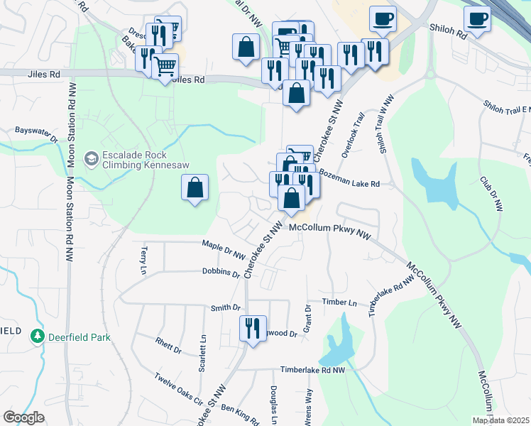 map of restaurants, bars, coffee shops, grocery stores, and more near 2200 Bensman Lane in Kennesaw