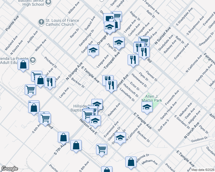 map of restaurants, bars, coffee shops, grocery stores, and more near 14535 Temple Avenue in La Puente