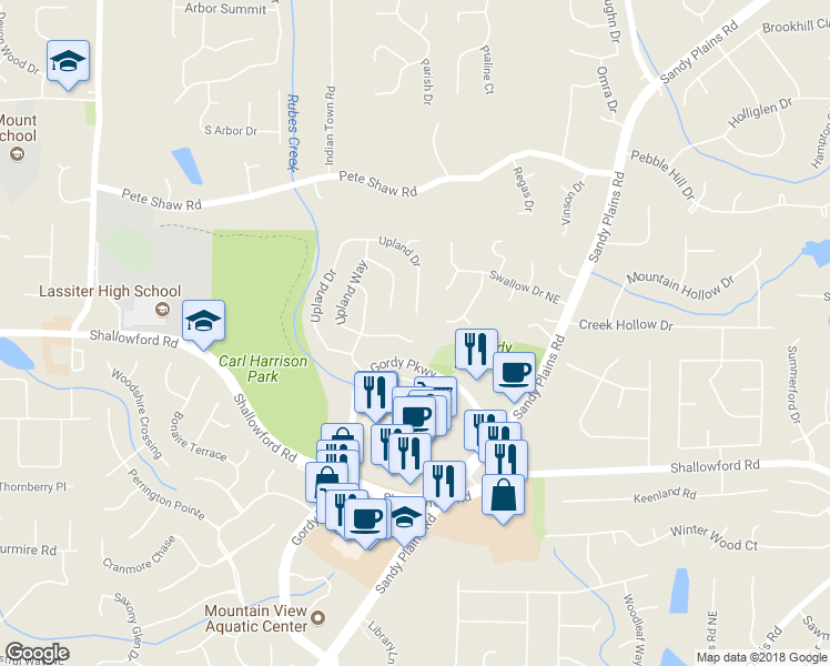map of restaurants, bars, coffee shops, grocery stores, and more near 3902 Upland Way in Marietta