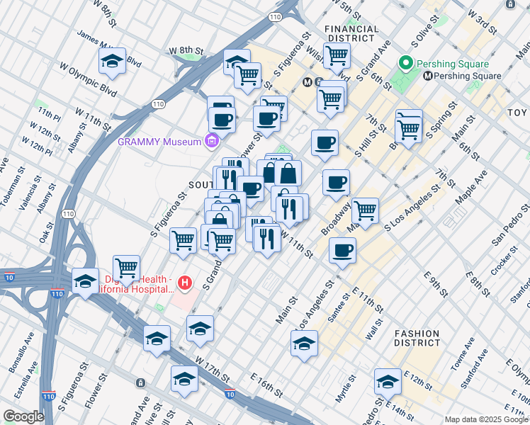 map of restaurants, bars, coffee shops, grocery stores, and more near 1050 South Grand Avenue in Los Angeles