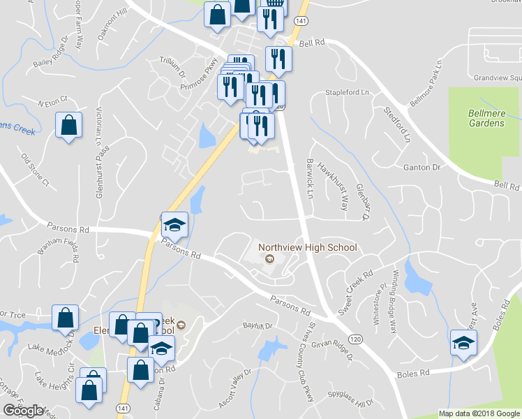 map of restaurants, bars, coffee shops, grocery stores, and more near 745 Abbott's Mill Court in Duluth