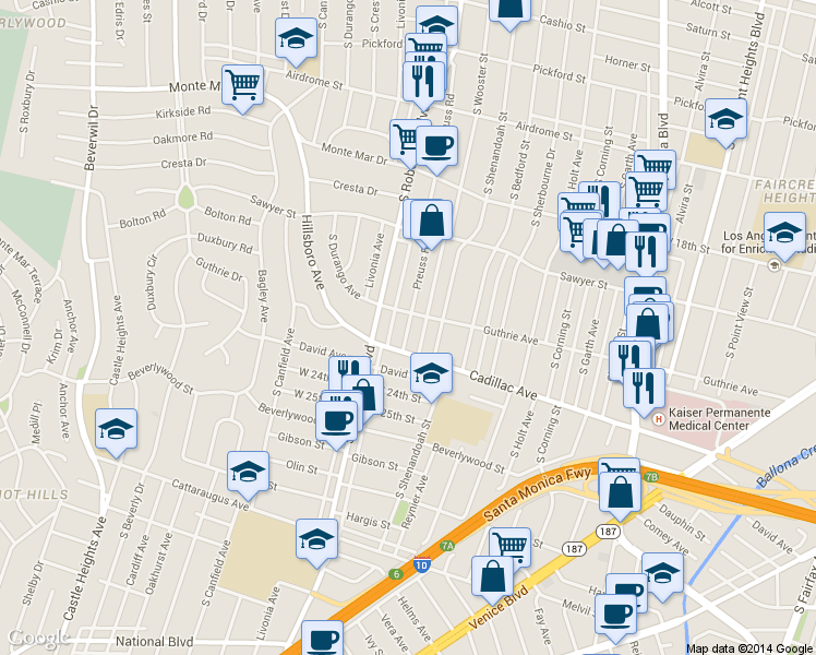 map of restaurants, bars, coffee shops, grocery stores, and more near 2015 Preuss Road in Los Angeles