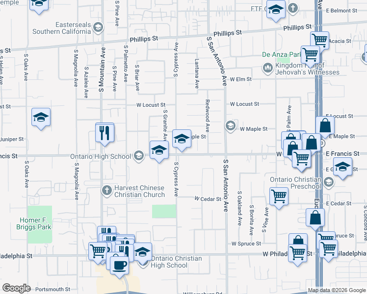 map of restaurants, bars, coffee shops, grocery stores, and more near 1722 Tiffany Court in Ontario