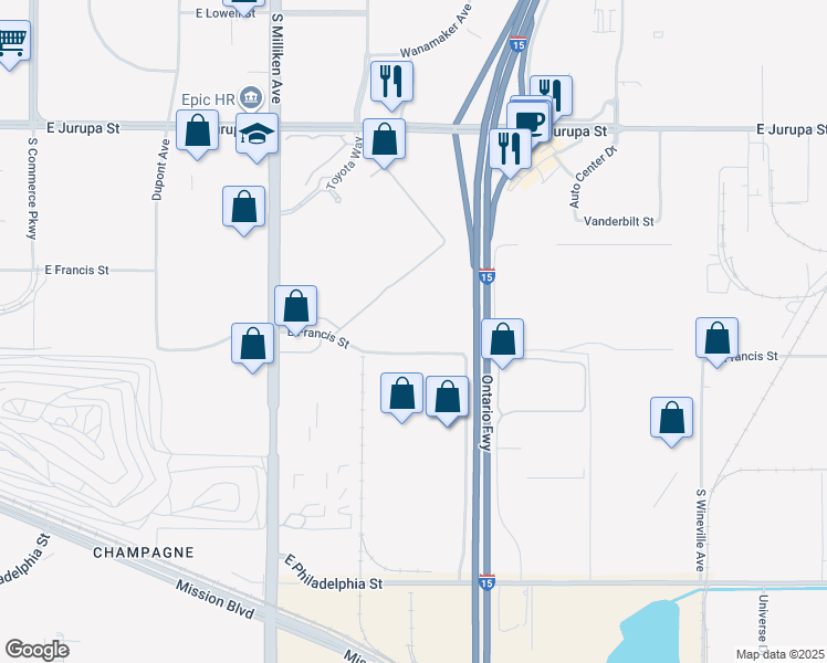 map of restaurants, bars, coffee shops, grocery stores, and more near 4651 East Francis Street in Ontario
