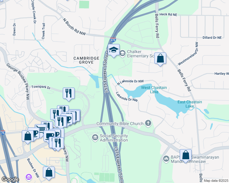 map of restaurants, bars, coffee shops, grocery stores, and more near 209 Lakeside Drive Northwest in Kennesaw