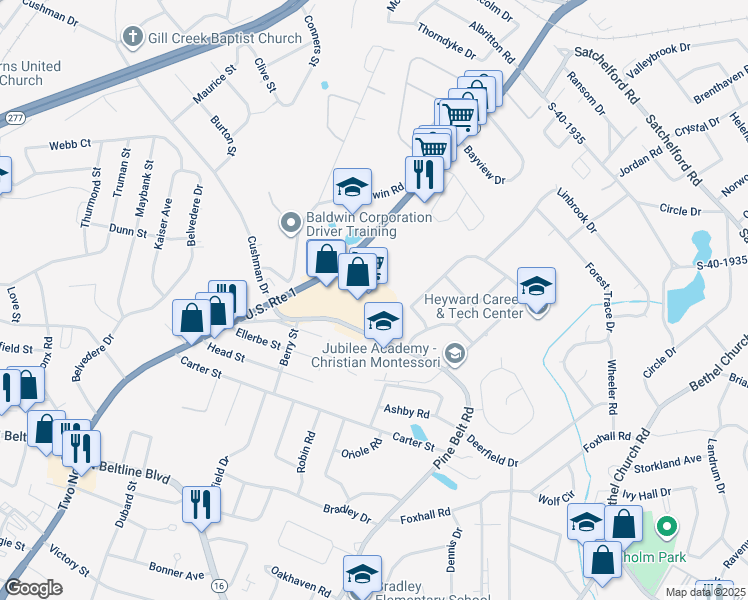 map of restaurants, bars, coffee shops, grocery stores, and more near 3912 Two Notch Road in Columbia