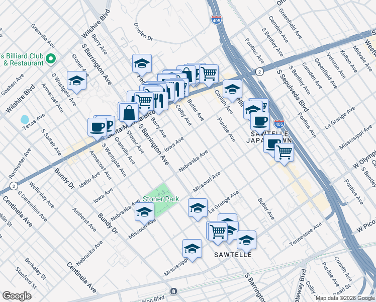 map of restaurants, bars, coffee shops, grocery stores, and more near 1731 Federal Avenue in Los Angeles