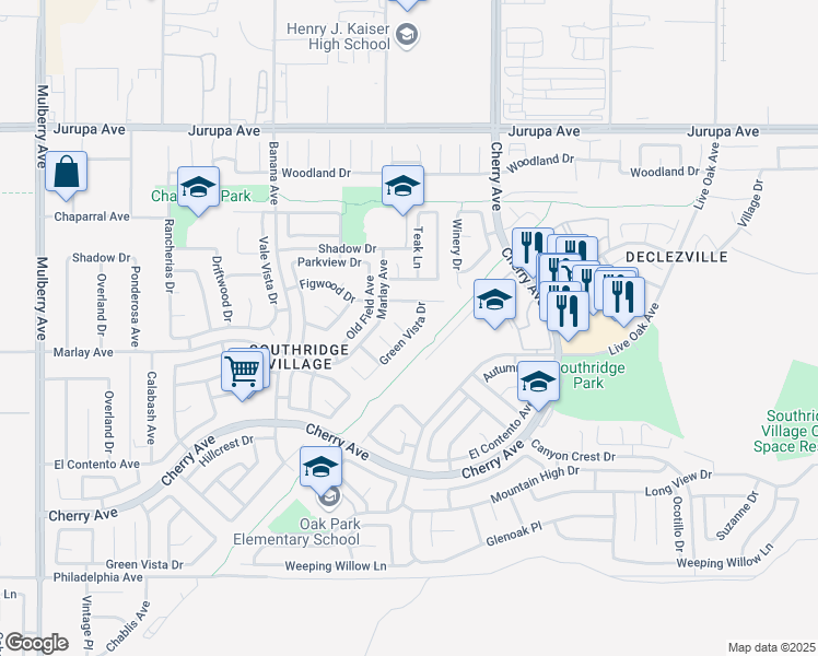map of restaurants, bars, coffee shops, grocery stores, and more near 11671 Oak Knoll Court in Fontana