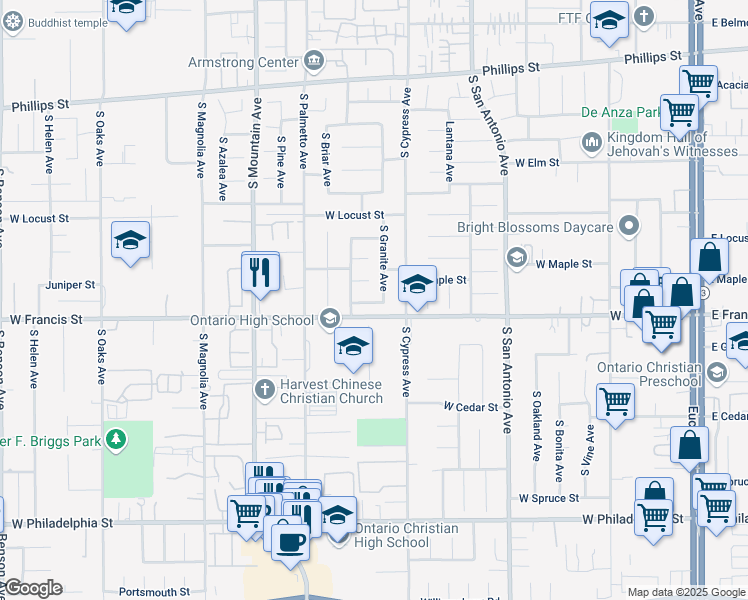 map of restaurants, bars, coffee shops, grocery stores, and more near 831 West Ashland Street in Ontario
