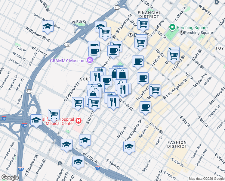 map of restaurants, bars, coffee shops, grocery stores, and more near 1050 South Grand Avenue in Los Angeles