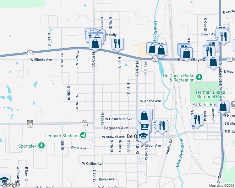 map of restaurants, bars, coffee shops, grocery stores, and more near 602 West Altena Avenue in De Queen