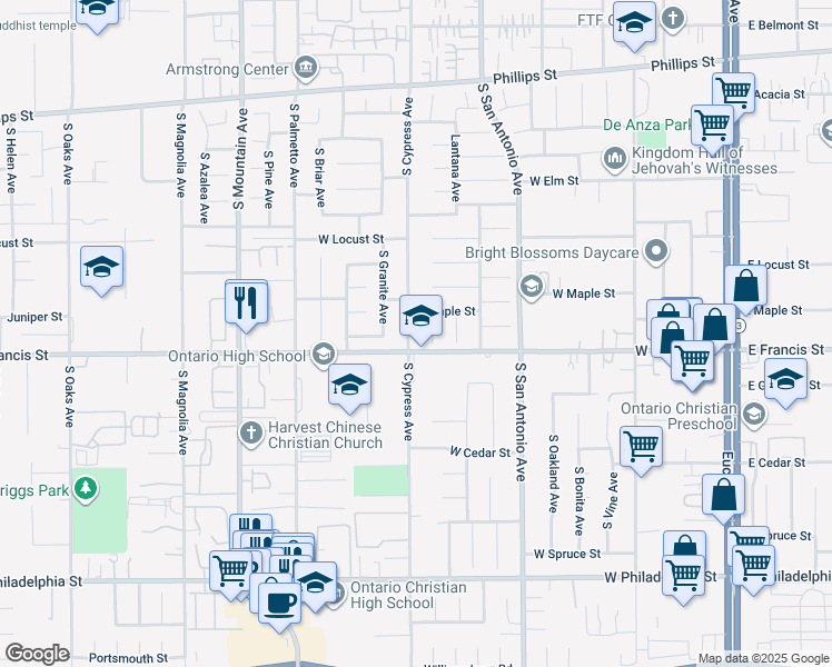 map of restaurants, bars, coffee shops, grocery stores, and more near 1723 South Cypress Avenue in Ontario