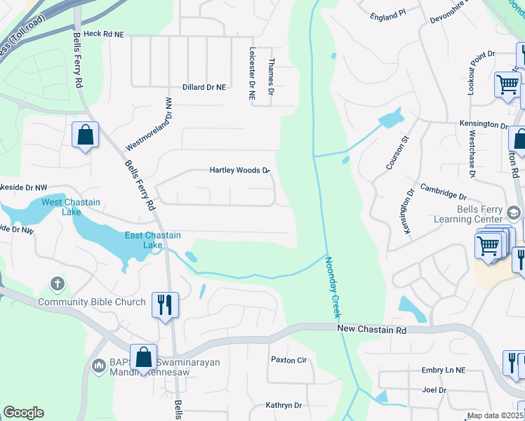 map of restaurants, bars, coffee shops, grocery stores, and more near 44 Hartley Woods Drive in Kennesaw