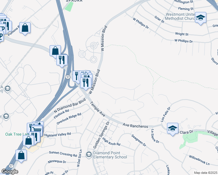 map of restaurants, bars, coffee shops, grocery stores, and more near 8 Rancho Laguna Drive in Pomona