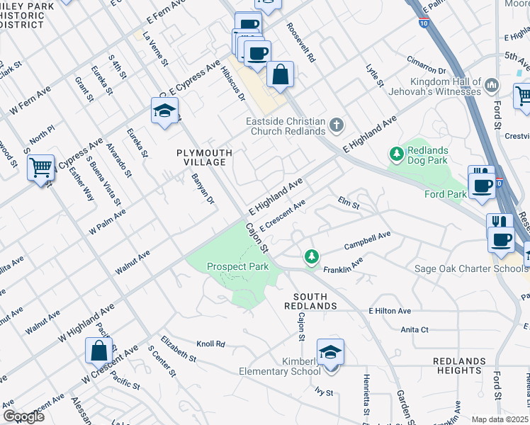map of restaurants, bars, coffee shops, grocery stores, and more near 1115 Cajon Street in Redlands