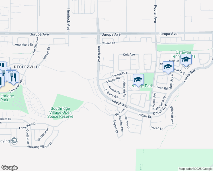 map of restaurants, bars, coffee shops, grocery stores, and more near 15365 Aveiro Road in Fontana