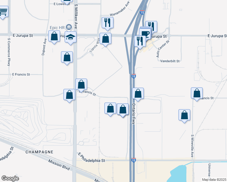 map of restaurants, bars, coffee shops, grocery stores, and more near 4651 East Francis Street in Ontario